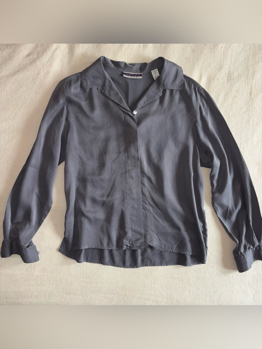 Amanda Smith Pure Silk Slate Gray Button Down Blouse S